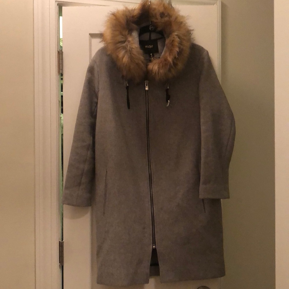 Maje Wool Peacoat with Fur Hood